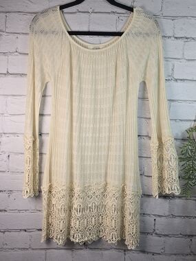UMGEE CREAM KNIT TUNIC MINI DRESS LACEY BOHO HIPPIE CROCHETED LOOK WOMENS S/M
